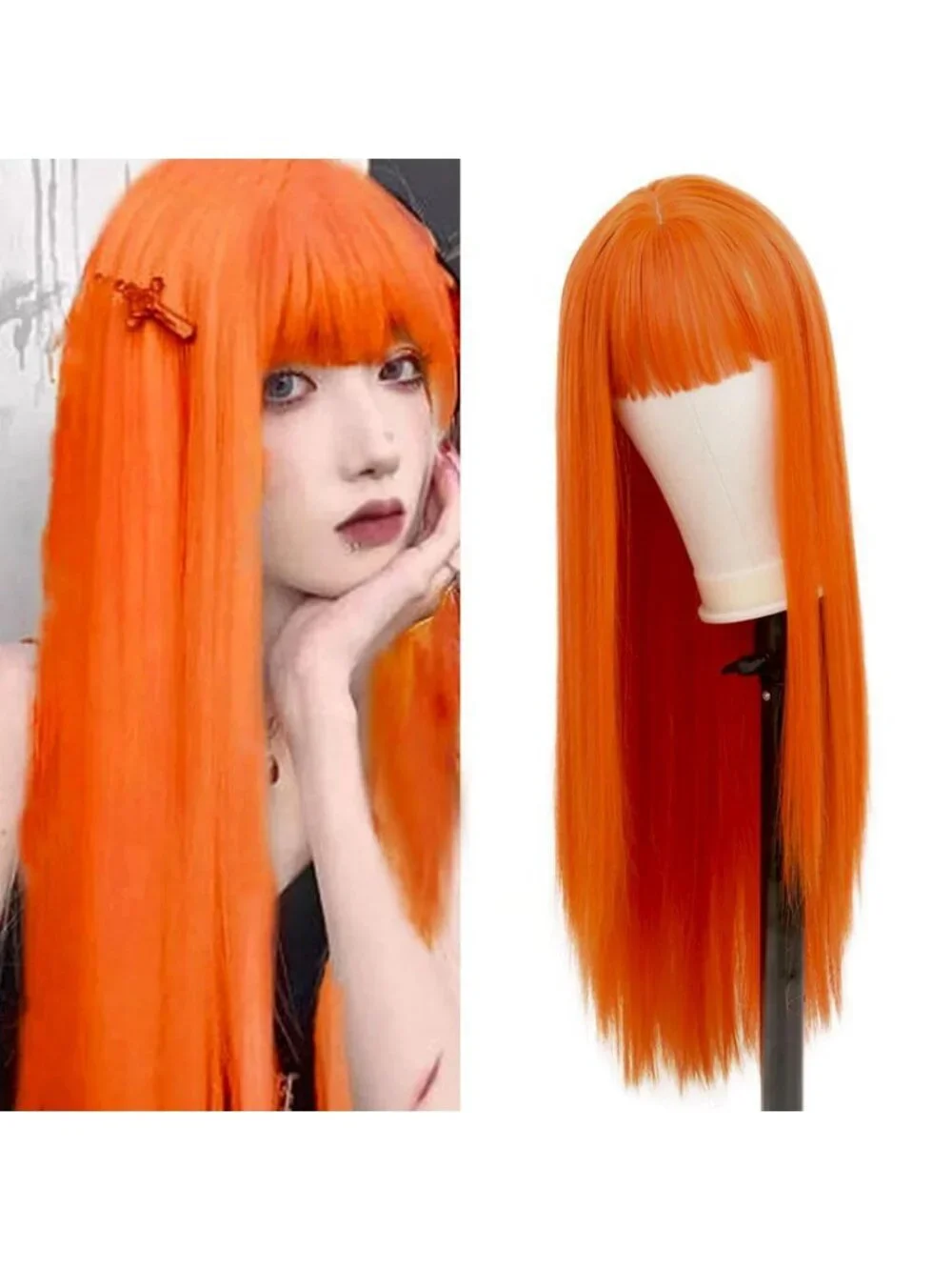 Women's Orange Long Curly Wig With Wavy Synthetic Cosplay Halloween Wig
